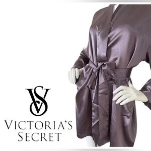 Victoria's Secret Elegant Satin Robe Kimono Purple Gray Attached Belt One Size